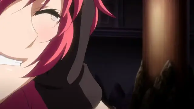 A close-up shot of an anime girl with pink hair and a dark hood, smiling mischievously with her eyes closed as she leans against a pillar in a dimly lit room. Screenshot from Kuroinu: Kedakaki Seijo wa Hakudaku ni Somaru 3