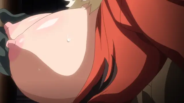 A close-up shot shows a character with long red hair leaning over a large, heavy breast with visible nipples and sweat drops. Screenshot from Kuroinu: Kedakaki Seijo wa Hakudaku ni Somaru 3