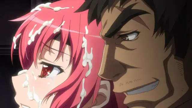 A tanned man with black hair and a wide, eager grin stands close behind a pink-haired girl who has white fluid dripping over her face and body. Screenshot from Kuroinu: Kedakaki Seijo wa Hakudaku ni Somaru 3
