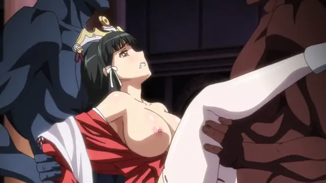 A scantily clad anime woman with long black hair and a crown is surrounded by two large muscular men while looking up with a dazed expression as one of them holds a scroll in front of her. Screenshot from Kuroinu: Kedakaki Seijo wa Hakudaku ni Somaru 3