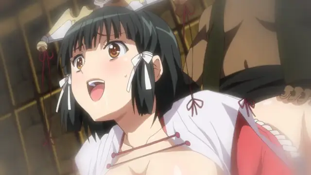 A blushing anime girl with black hair and white ribbons in her hair looks up with an open-mouthed expression as she is being penetrated from behind by a man in a dark outfit. Screenshot from Kuroinu: Kedakaki Seijo wa Hakudaku ni Somaru 3