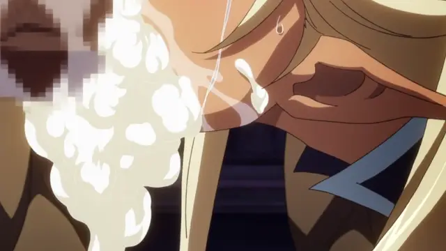 A close-up of an anime woman with long blonde hair and a sweat droplet on her face, looking up with a dazed expression while large amounts of white cum flow out of her mouth. Screenshot from Kuroinu: Kedakaki Seijo wa Hakudaku ni Somaru 1