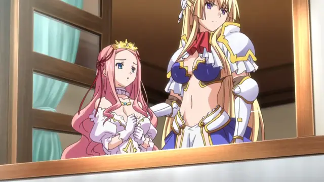 Two anime women, one with pink hair wearing a crown and the other with blonde hair in a blue and gold outfit, stand together in front of a mirror. Screenshot from Kuroinu: Kedakaki Seijo wa Hakudaku ni Somaru 1