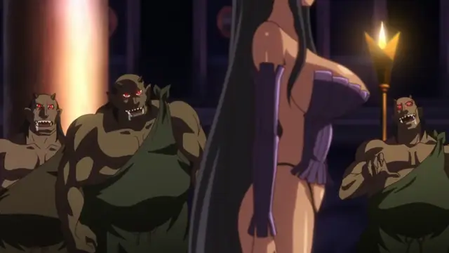 An anime girl with long black hair and a purple bikini top stands before three muscular, horned ogres who are bowing to her in a dark, torch-lit room. Screenshot from Kuroinu: Kedakaki Seijo wa Hakudaku ni Somaru 1