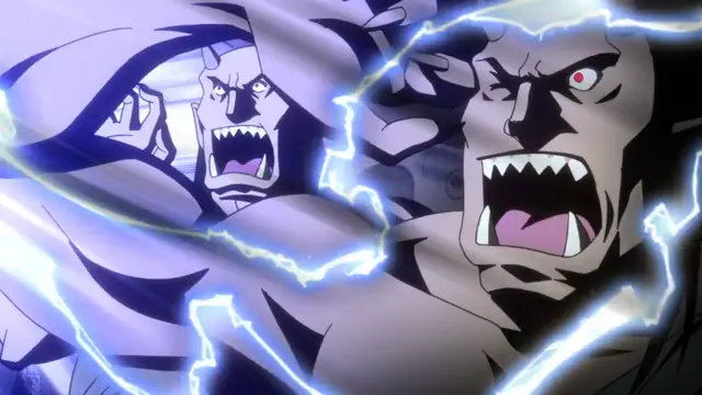 A muscular, horned male anime character with red eyes and sharp teeth screams with intense rage while surrounded by crackling blue electricity. Screenshot from Kuroinu: Kedakaki Seijo wa Hakudaku ni Somaru 1
