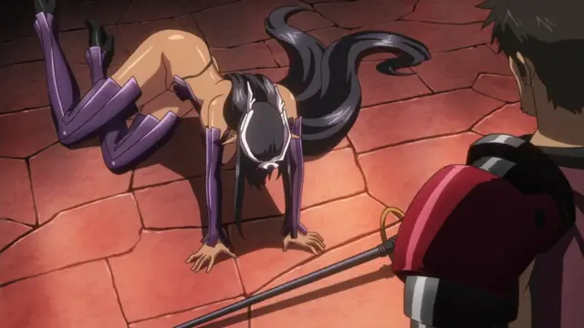 A woman with long dark hair is lying face down on a stone floor in a state of defeat or exhaustion while a man with a sword stands over her in the foreground. Screenshot from Kuroinu: Kedakaki Seijo wa Hakudaku ni Somaru 1