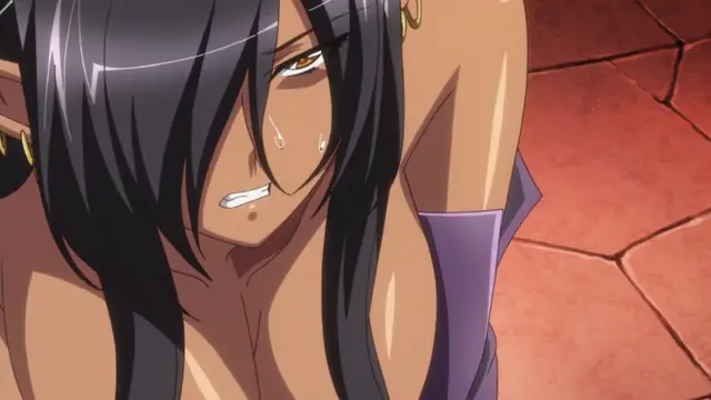 A close-up shot of a dark-skinned anime girl with long black hair, sweating and panting with an aroused expression while leaning against a wall. Screenshot from Kuroinu: Kedakaki Seijo wa Hakudaku ni Somaru 1