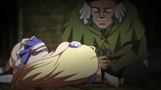 A blonde woman in a blue and white outfit lies face-down on the ground, bound with rope and gagged, while an elderly man in a green cloak watches her from behind with a sinister expression. Screenshot from Kuroinu: Kedakaki Seijo wa Hakudaku ni Somaru 6