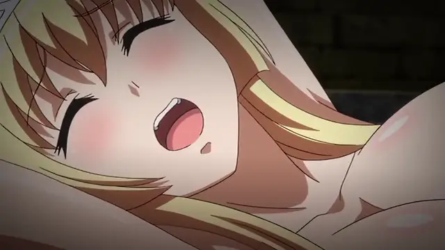 A close-up shot of a blonde girl with a flushed face and closed eyes, her mouth open in an expression of pleasure. Screenshot from Kuroinu: Kedakaki Seijo wa Hakudaku ni Somaru 6