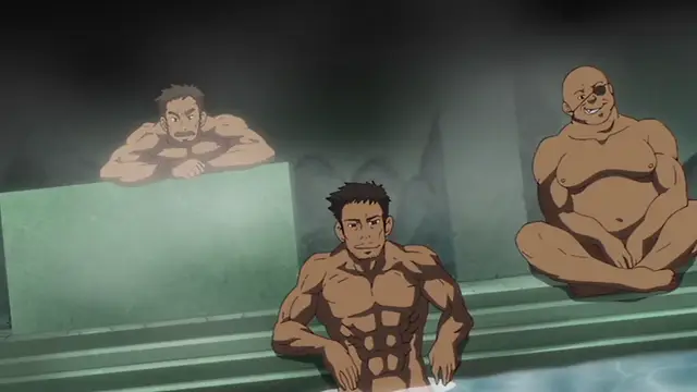 Three muscular men are soaking in an indoor hot spring, with one sitting in the foreground and two others behind him. Screenshot from Kuroinu: Kedakaki Seijo wa Hakudaku ni Somaru 6