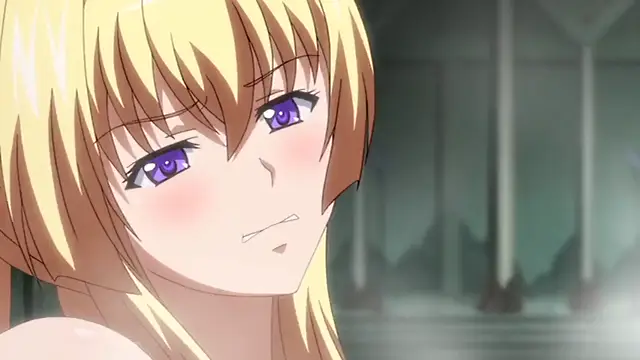 A blushing anime girl with blonde hair and purple eyes looks on with a frustrated expression in a dimly lit, cavernous room. Screenshot from Kuroinu: Kedakaki Seijo wa Hakudaku ni Somaru 6