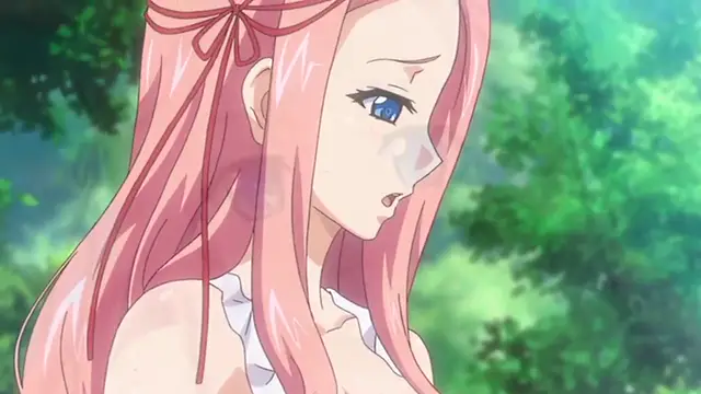 A close-up shot of a pink-haired anime girl with blue eyes looking down sadly in a forest setting. Screenshot from Kuroinu: Kedakaki Seijo wa Hakudaku ni Somaru 6