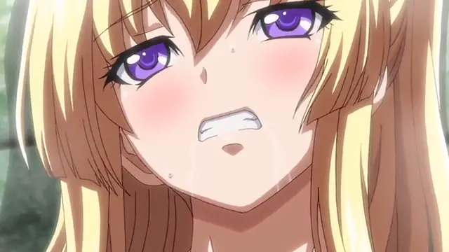A close-up shot of a blonde anime girl with purple eyes, blushing and sweating with a dazed, slightly open-mouthed expression. Screenshot from Kuroinu: Kedakaki Seijo wa Hakudaku ni Somaru 6