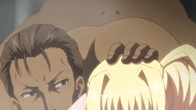 A shirtless, muscular man with brown hair and a serious expression looks down at a blonde woman with her hair pulled back in a ponytail as he places his hand on her head. Screenshot from Kuroinu: Kedakaki Seijo wa Hakudaku ni Somaru 6