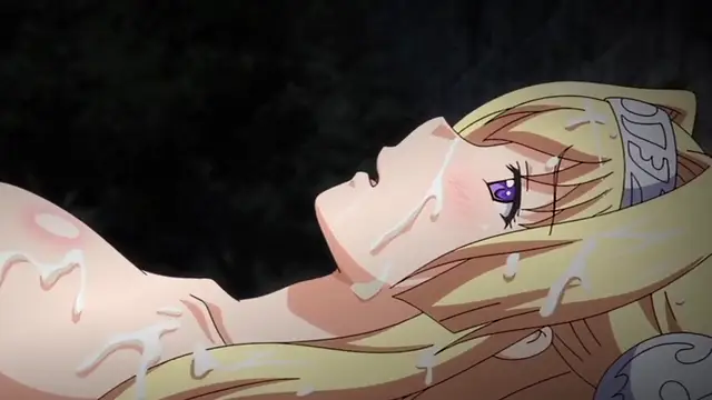 A close-up anime shot shows a blonde woman with purple eyes lying on her back with a dazed expression, her body and face covered in thick white fluids. Screenshot from Kuroinu: Kedakaki Seijo wa Hakudaku ni Somaru 6