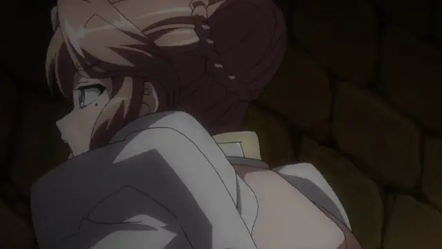 A close-up shot from a hentai movie shows a crying girl with light brown hair tied in a bun, wearing a white outfit, looking away with a tear rolling down her cheek against a stone wall background. Screenshot from Kuroinu: Kedakaki Seijo wa Hakudaku ni Somaru 4