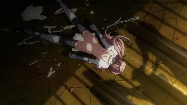 An anime girl with pink hair lies unconscious on a stone floor in a pool of liquid, with her white top torn to reveal her breasts. Screenshot from Kuroinu: Kedakaki Seijo wa Hakudaku ni Somaru 4