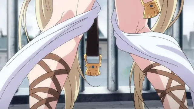 A blonde anime woman wearing a white draped garment and gladiator-style sandals stands in front of a large window, with a black belt with a gold buckle hanging between her legs. Screenshot from Kuroinu: Kedakaki Seijo wa Hakudaku ni Somaru 4