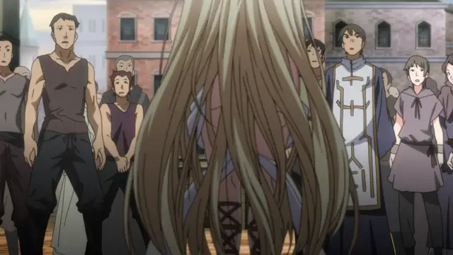 A long-haired girl with her back to the viewer stands before a crowd of diverse people in a medieval-style town square. Screenshot from Kuroinu: Kedakaki Seijo wa Hakudaku ni Somaru 4