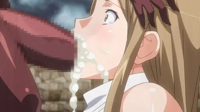 A blonde anime girl with a shocked expression is shown in a close-up as a large, pixelated red penis enters her mouth for oral sex. Screenshot from Kuroinu: Kedakaki Seijo wa Hakudaku ni Somaru 2