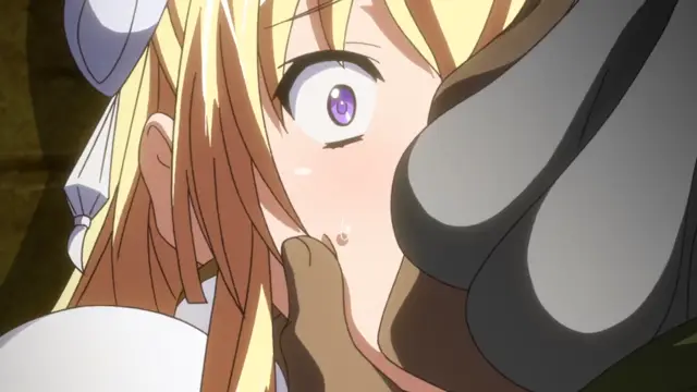 A close-up shot of a blonde anime girl with wide, startled eyes and a blushing face as she is held by the face by a dark-haired character in a medieval-style setting. Screenshot from Kuroinu: Kedakaki Seijo wa Hakudaku ni Somaru 2
