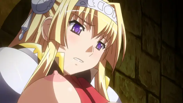 A blushing blonde anime girl wearing a headband and revealing armor looks distressed or overwhelmed in a dungeon-like setting. Screenshot from Kuroinu: Kedakaki Seijo wa Hakudaku ni Somaru 2