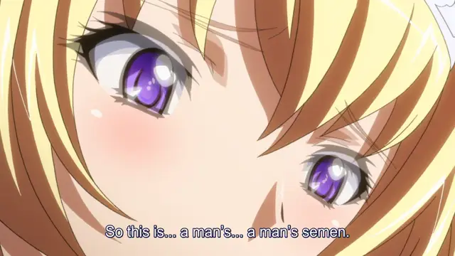 A blonde anime girl with purple eyes looks shocked and blushing with the subtitle "So this is... a man's... a man's semen." written at the bottom. Screenshot from Kuroinu: Kedakaki Seijo wa Hakudaku ni Somaru 2