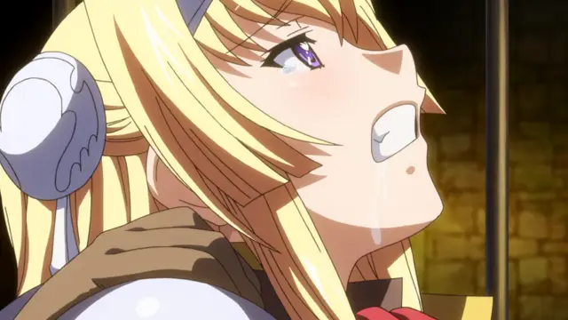 A close-up shot of a blonde anime girl with a dazed, heavy-lidded expression, blushing and sweating as she looks upward. Screenshot from Kuroinu: Kedakaki Seijo wa Hakudaku ni Somaru 2