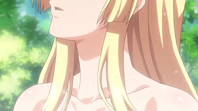 A close-up shot of a sweating blonde anime girl looking to the side with a heavy expression against a blurry forest background. Screenshot from Kuroinu: Kedakaki Seijo wa Hakudaku ni Somaru 5