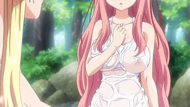 In a forest setting, a pink-haired girl with large breasts wears a soaked white dress and looks surprised while standing next to a blonde woman. Screenshot from Kuroinu: Kedakaki Seijo wa Hakudaku ni Somaru 5