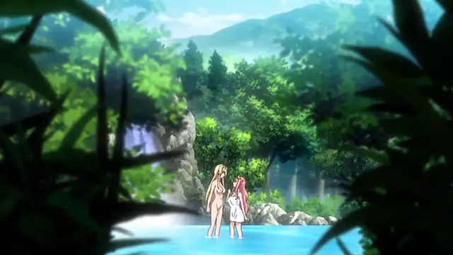 Two nude girls stand in a forest pool, with one girl wearing a white dress and long red hair while the other stands beside her, with mountains and a waterfall in the background. Screenshot from Kuroinu: Kedakaki Seijo wa Hakudaku ni Somaru 5