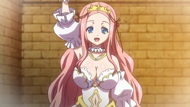 A long-haired pink anime girl wearing a white and gold royal dress and a tiara smiles while raising one hand in front of a stone wall. Screenshot from Kuroinu: Kedakaki Seijo wa Hakudaku ni Somaru 5