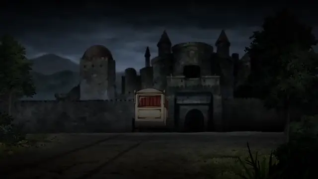 A medieval-style castle stands under a dark, cloudy night sky with a horse-drawn carriage parked in front of its stone gates. Screenshot from Kuroinu: Kedakaki Seijo wa Hakudaku ni Somaru 5