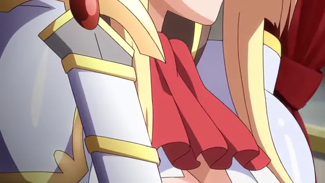 A close-up shot of an anime girl in white and gold armor with a red ruffle collar, featuring a prominent large breast. Screenshot from Kuroinu: Kedakaki Seijo wa Hakudaku ni Somaru 5