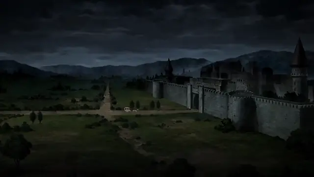 A large stone castle with tall towers sits under a dark, cloudy sky overlooking a vast green landscape with mountains in the distance. Screenshot from Kuroinu: Kedakaki Seijo wa Hakudaku ni Somaru 5