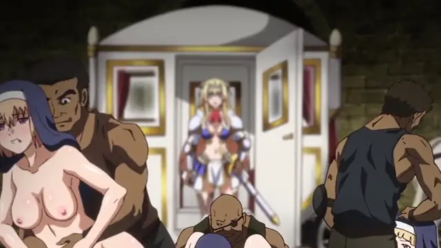 A large, muscular black man stands behind a naked woman with long blue hair in the foreground, while other men surround them and a blonde woman in armor stands in a doorway in the background. Screenshot from Kuroinu: Kedakaki Seijo wa Hakudaku ni Somaru 5