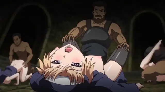 A blonde woman with a distressed expression lies on the ground in a dungeon while a muscular man in overalls stands over her and handles her chest, with other men in the background. Screenshot from Kuroinu: Kedakaki Seijo wa Hakudaku ni Somaru 5