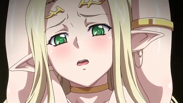 A blonde elf girl with green eyes and a distressed expression looks up in shock while being held by a muscular man, her face flushed and sweating. Screenshot from Kuroinu: Kedakaki Seijo wa Hakudaku ni Somaru 5