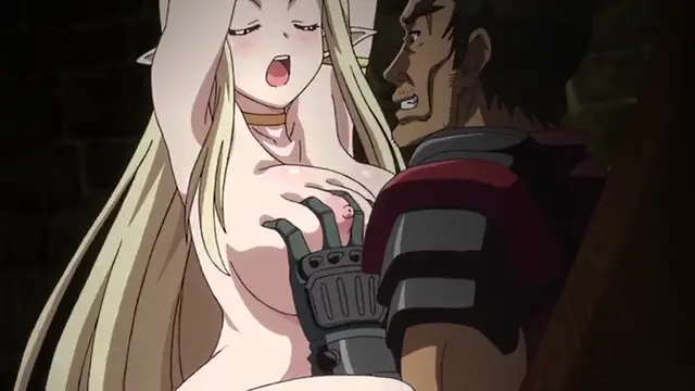 A scantily clad blonde elf woman with long pointed ears and a gold choker reacts with a shocked expression as a muscular man in black and red armor places a large mechanical gauntlet on her breast. Screenshot from Kuroinu: Kedakaki Seijo wa Hakudaku ni Somaru 5