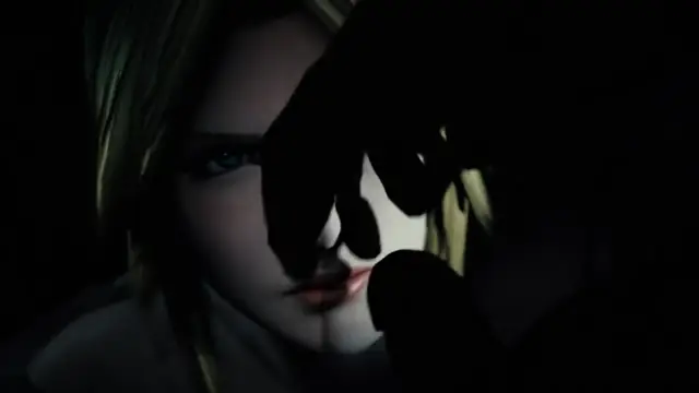 A close-up shot shows a blonde anime girl with red lips and blue eyes as a black-gloved hand covers her mouth and face in a dominant submission scene from a hentai movie. Screenshot from Severance