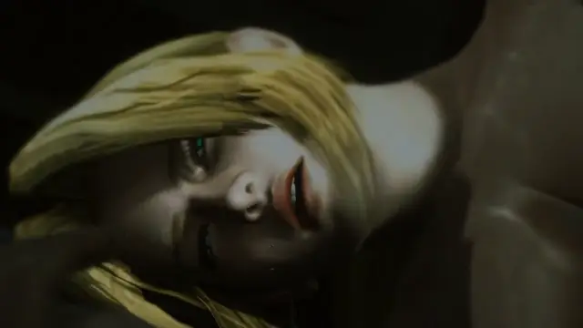 A close-up of a blonde anime woman with pale skin looking upwards with a lewd, heavy-lidded expression and slightly parted lips as she is being fucked. Screenshot from Severance