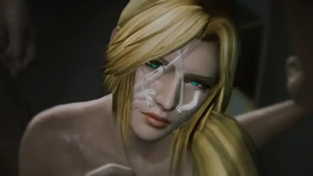 A close-up shot of a blonde cyborg girl with blue eyes and white mechanical facial markings in a 3D anime hentai scene. Screenshot from Severance
